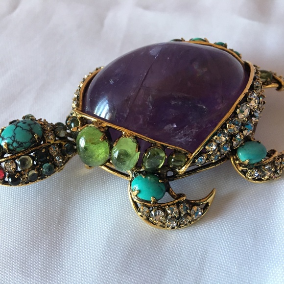 IRADJ MOINI Vintage Costume Jewelry Large Turtle Gemstone Brooch Pin Pendant - Picture 5 of 7